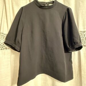 Maeve Anthropologie Black Puff Sleeve Mock Neck Blouse